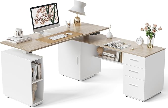 FEZIBO 63" L Shaped Executive Standing Desk with 3-Drawer File Cabinet, Electric Height Adjustable Stand up Desk for Home Office, Computer Desk with Storage Cabinets, White Frame Light Walnut Top