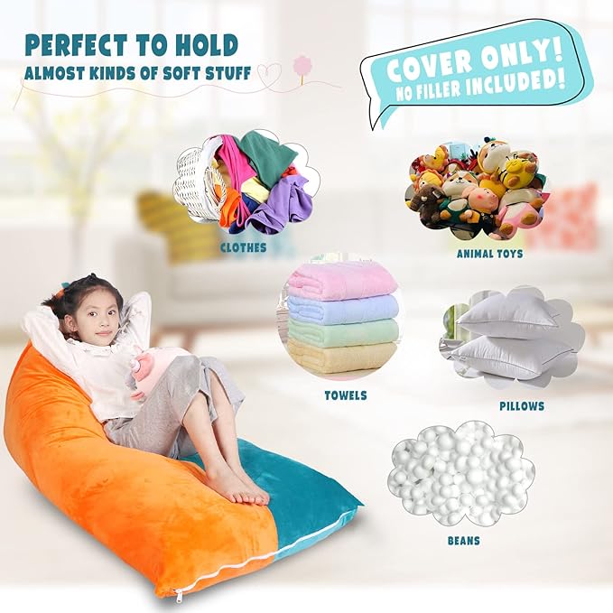 Stuffed Animal Storage Bean Bag Chair Cover, Velvet Turquoise Orange Plush Toy Storage Stuff and Sit Seat for Kids/Teens/Adults, 52" x 31" Extra Large Triangle Sofa, 200L/52Gal, Cover Only