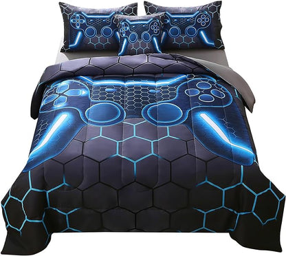 JQinHome Queen Gamer Comforter Set,6 Piece Bed in A Bag 3D Video Game Bedding -All Season Down Alternative Gamer Bedding Sets - (Blue Game Controller)