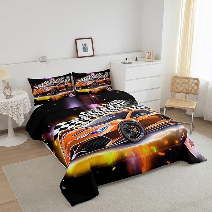 Feelyou Sports Car Comforter Set Twin Size, Orange Racing Car Bedding Set 2pcs for Kids Boys Teens Bedroom Cool Speed Luxury Car Decor, Black White Plaid Grid Print Quilt Set with 1 Pillowcase