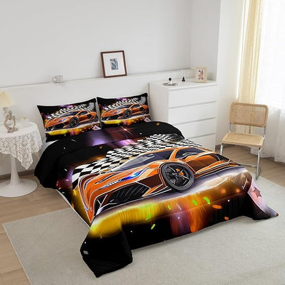 Feelyou Sports Car Comforter Set Twin Size, Orange Racing Car Bedding Set 2pcs for Kids Boys Teens Bedroom Cool Speed Luxury Car Decor, Black White Plaid Grid Print Quilt Set with 1 Pillowcase