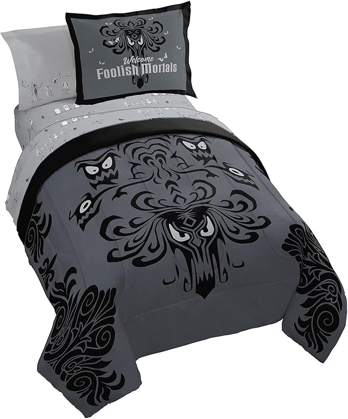 Jay Franco Disney Haunted Mansion Happy Haunts Damask 7 Piece Full Bed Set - includes Reversible Comforter & Sheet Set - Super Soft Fade Resistant Microfiber - (Official Disney Product)