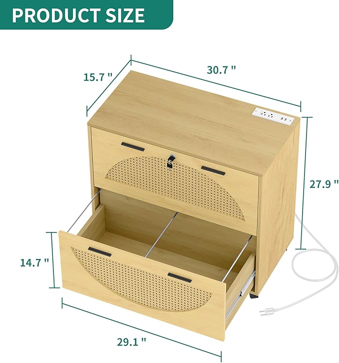 YITAHOME 2 Drawer File Cabinet with Charging Station, Rattan Filing Cabinet with Lock, Wood File Cabinet with Wheels, Home Office Furniture Fits A4, Letter, Legal Size Files