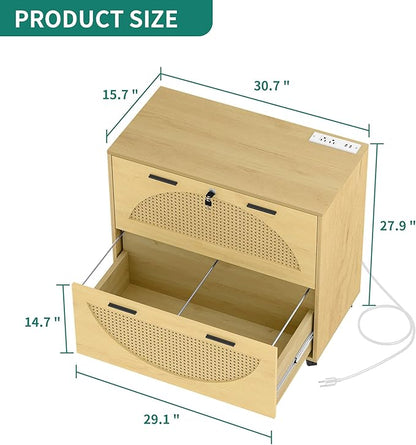 YITAHOME 2 Drawer File Cabinet with Charging Station, Rattan Filing Cabinet with Lock, Wood File Cabinet with Wheels, Home Office Furniture Fits A4, Letter, Legal Size Files