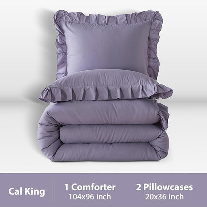 Andency Grayish Purple California King Comforter Set, 3 Pieces Cal King Ruffle Purple Comforter, Lightweight Oversized Farmhouse Shabby Chic Soft Microfiber Bedding Comforter Set (104x96Inch)
