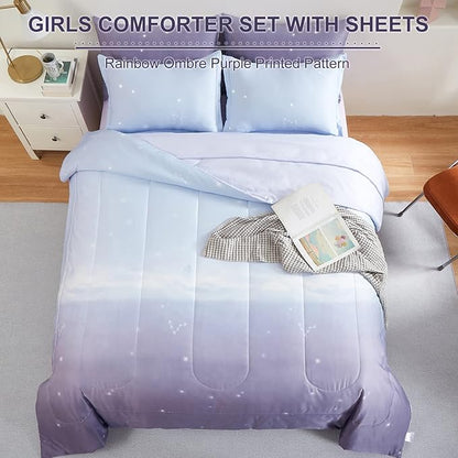 Girls Comforter Set Twin Size 6 Pieces Colorful Ombre Purple Rainbow Bedding Set Bed in A Bag for Kids Teen Girls (1 Comforter, 1 Flat Sheet, 1 Fitted Sheet, 1 Pillow sham, 2 Pillowcases)