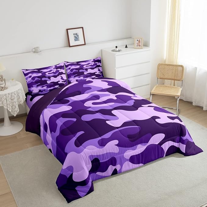 Queen Size Camouflage Comforter Set 3Pcs Kids Bedding Set for Boys Girls Teens 1 Comforter & 2 Pillowcases(Queen,Purple) Boys