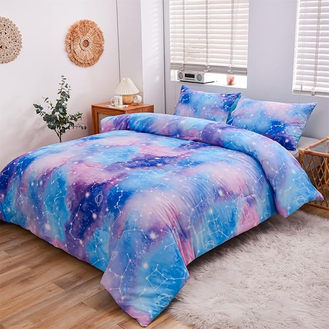 Holawakaka Tie Dye Constellation Print Ombre Comforter Set Queen Size Boys Girls Gradient Galaxy Bedding Set (Blue Purple, Queen)