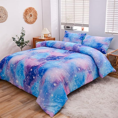 Holawakaka Tie Dye Constellation Print Ombre Comforter Set Queen Size Boys Girls Gradient Galaxy Bedding Set (Blue Purple, Queen)