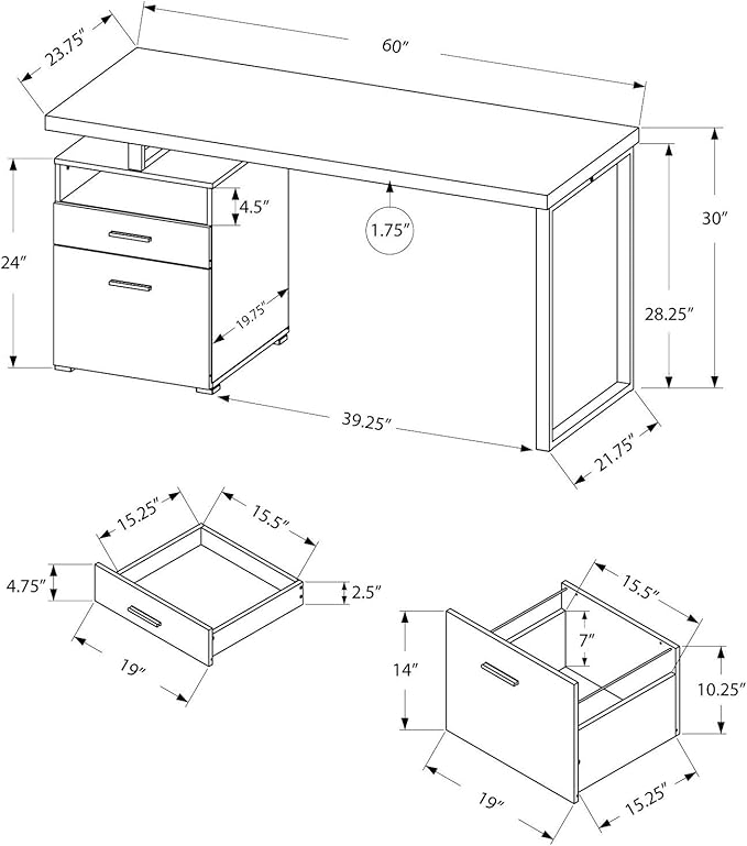 Monarch Specialties I 7145 Computer Writing Desk for Home & Office Laptop Table with Drawers Open Shelf and File Cabinet-Left or Right Set Up, 60" L, Cappuccino