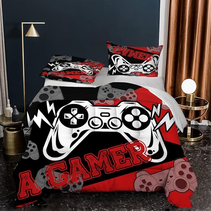 Sunnycitron Gamer Bedding Set for Boys Gamer Comforter sets Queen Gaming Bedding Kid's Comforter Set Boys Teen Gamepad Gaming Comforter,1 Comforter 2 Pillowcases
