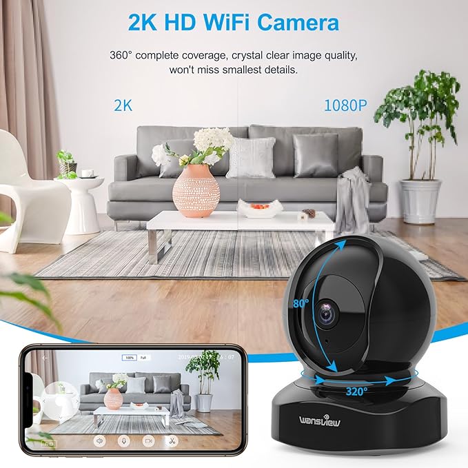 Wansview Security Camera, IP Camera 2K, WiFi Home Indoor Camera for Baby/Pet/Nanny, 2 Way Audio Night Vision, Works with Alexa, with TF Card Slot and Cloud