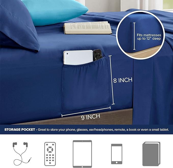 Comfort Spaces Twin Comforter Sets with Sheets - Bed in a Bag 6 Pieces Teen Bedding Sets Twin, Navy and Grey Stripes Bedding Twin, College Twin Bed Set, 2 Side Pockes Bedroom Organizer Twin Navy