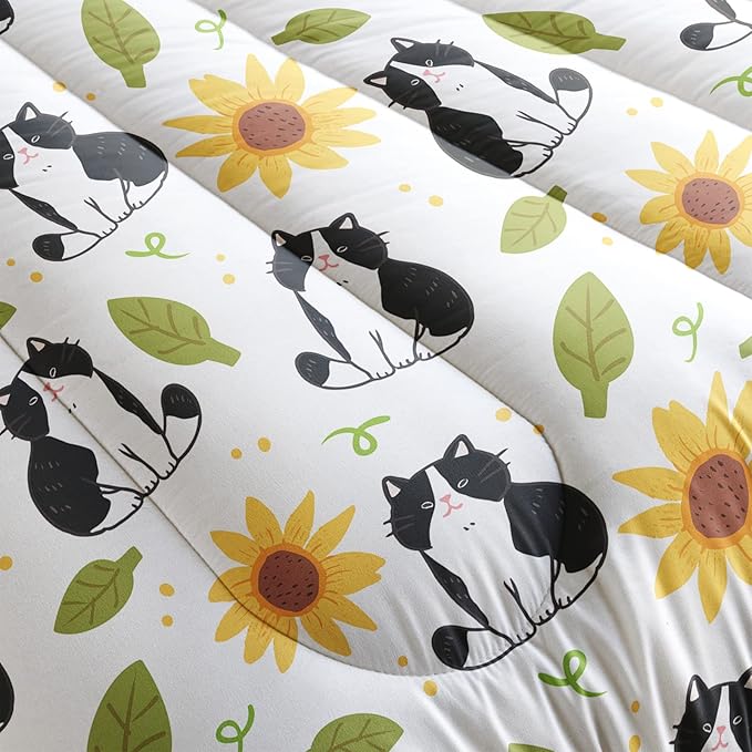 Kawaii Cat Comforter Queen Size,Sunflower Cat Comforter Set for Kids Teens Girls Boys,3Pcs Bedding Set Printed Comforter with 2 Pillowcases,Down Alternative,Soft and Lightweight，Queen Size