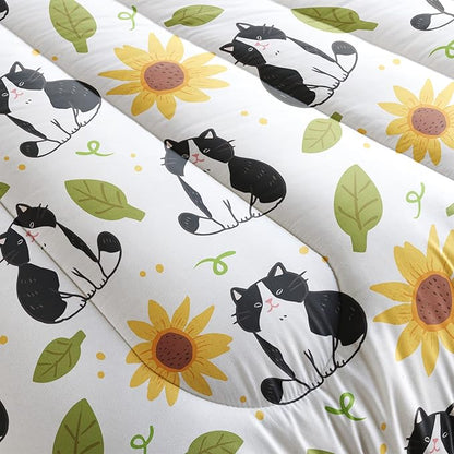 Kawaii Cat Comforter Queen Size,Sunflower Cat Comforter Set for Kids Teens Girls Boys,3Pcs Bedding Set Printed Comforter with 2 Pillowcases,Down Alternative,Soft and Lightweight，Queen Size