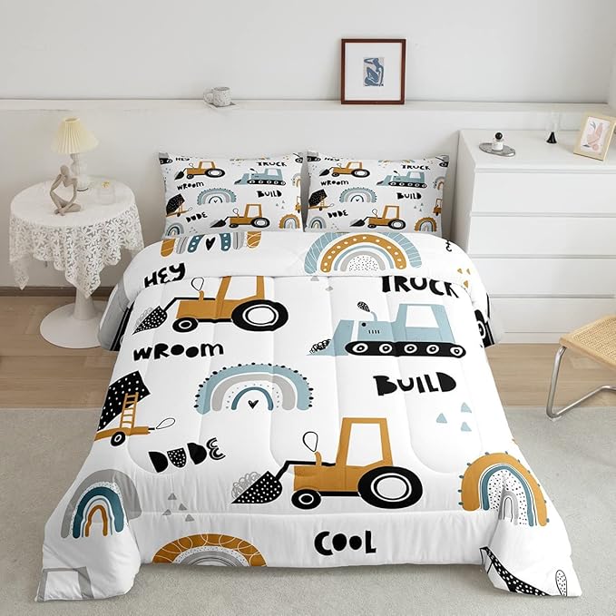Feelyou Truck Excavator Comforter for Kids Boys Girls Cartoon Cars Bedding Set Tractor Engineering Vehicle Comforter Set Construction Bedroom Decor Quilt Set with 1 Pillowcase 2Pcs Bedding Twin