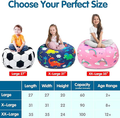 Lukeight Stuffed Animal Storage Bean Bag Chair Cover for Kids, Dinosaur Zipper Beanbag Chair Cover for Organizing Toddler & Kids' Rooms Plush Toys (Dinosaur Navy, Large)