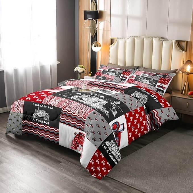 Erosebridal Red Tractor Bedding Set for Boys King,Construction Tractor Comforter Set Kids Teens Equipment Trucks Down Comforter Black White Construction Vehicle Quilt Set Bedroom Decor