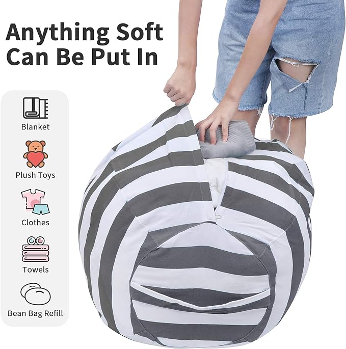 2 PCS Stuffed Animal Storage Bean Bag Chair Cover, Cotton Canvas Beanbag with Zipper for Organizing Kid's and Adults Room Grey 24"