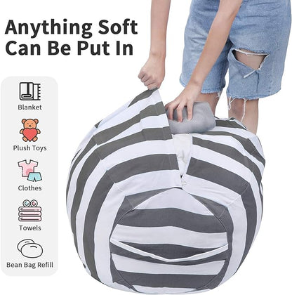 2 PCS Stuffed Animal Storage Bean Bag Chair Cover, Cotton Canvas Beanbag with Zipper for Organizing Kid's and Adults Room Grey 24"