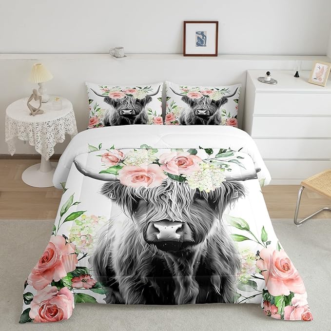 Feelyou Highland Cow Bedding Set Kids Rose Floral Bull Cattle Comforter Set for Girls Teens Western Wildlife Animal Comforter Farmhouse Duvet Set Room Decor Quilt Set Queen Size