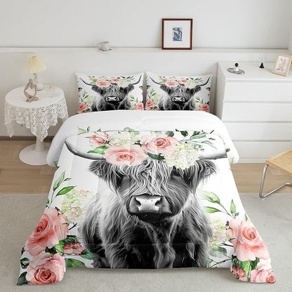 Highland Cow Bedding Set Kids Rose Floral Bull Cattle Comforter Set for Girls Teens Western Wildlife Animal Comforter Farmhouse Duvet Set Room Decor Quilt Set Full Size