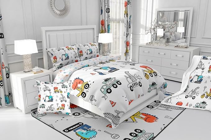 Feelyou Kids Cartoon Car Comforter Set Construction Bedding Set Full Size Tractor Vehicle Truck Comforter for Kids Boys Girls Cute Dinosaur Quilt Set Yellow Blue Soft for Teens Child Room Decor