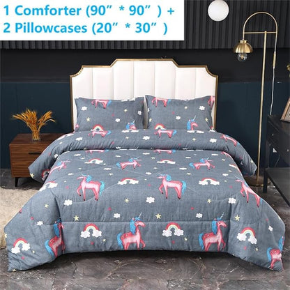 3PCS Gray Unicorn Comforter Set Queen Size, Queen Bed in a Bag Set Cute Bedding, Hotel Luxury, Lightweight Comforter Queen for Boys Girls Toddler Kids and Teens, Queen