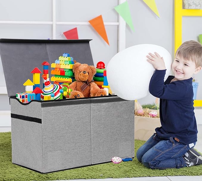Toy Box Chest, Collapsible Sturdy Storage Bins with Lids, Extra Large Kids Toy Storage Organizer Boxes Bins Baskets for Kids, Boys, Girls, Nursery Room, Playroom, Closet (Fine Linen Gray)