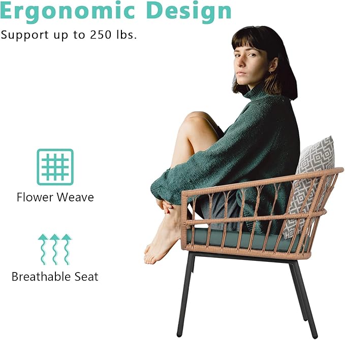 3 Piece Patio Furniture Outdoor Conversation Bistro Set with Tempered Coffee Table and Wicker Chairs for Garden Balcony Backyard Yard Poolside (Green)