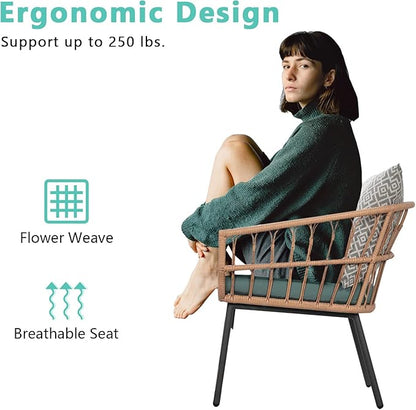 3 Piece Patio Furniture Outdoor Conversation Bistro Set with Tempered Coffee Table and Wicker Chairs for Garden Balcony Backyard Yard Poolside (Green)