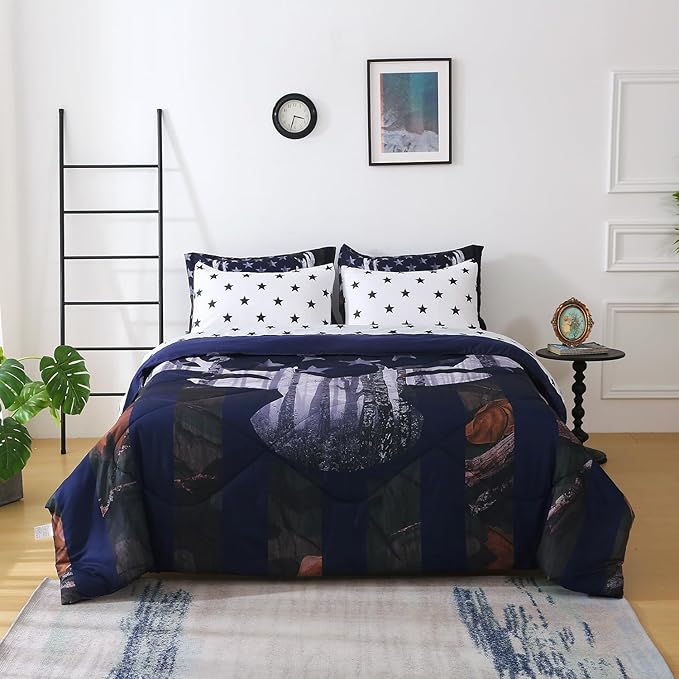 Camo Deer Comforter Set Twin Size 7 Piece Bed in A Bag Camouflage American Flag Bedding Set for Boys Kids Teens Men Super Soft All Season