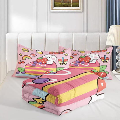 Kawaii Bear Comforter Full,Pink Bear Comforter Set for Kids Teens Girls,3Pcs Bedding Set Printed Comforter with 2 Pillowcases,Down Alternative,Soft and Lightweight，Full Size