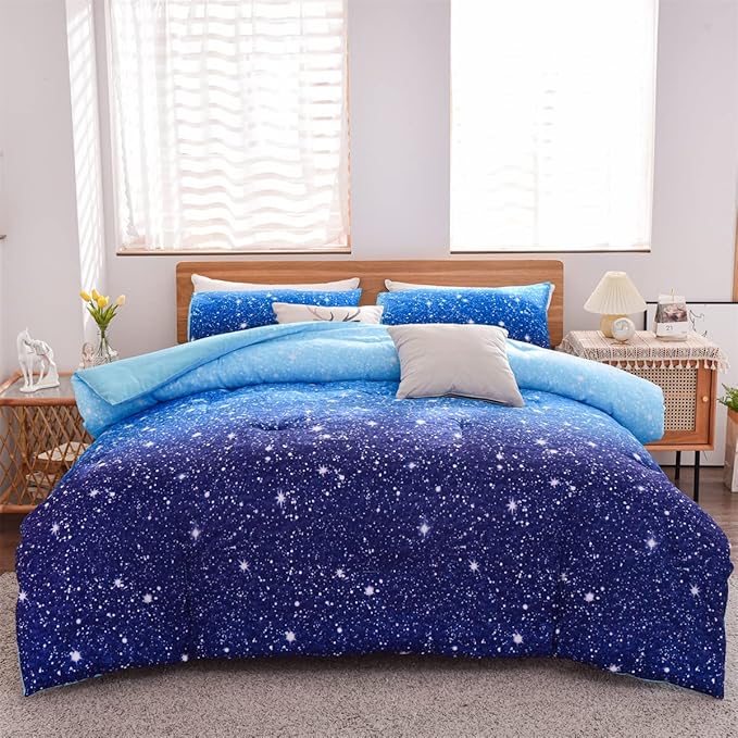 Holawakaka Kids Space Star Galaxy Bedding Comforter Set Twin/Twin XL Size Boys Girls Blue Indigo Ombre Print Gradient Glitter Stars Bed Sets (Blue, Twin)
