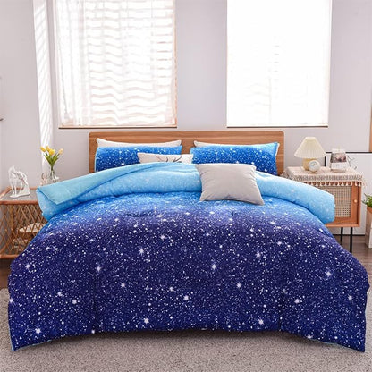 Holawakaka Kids Space Star Galaxy Bedding Comforter Set Twin/Twin XL Size Boys Girls Blue Indigo Ombre Print Gradient Glitter Stars Bed Sets (Blue, Twin)