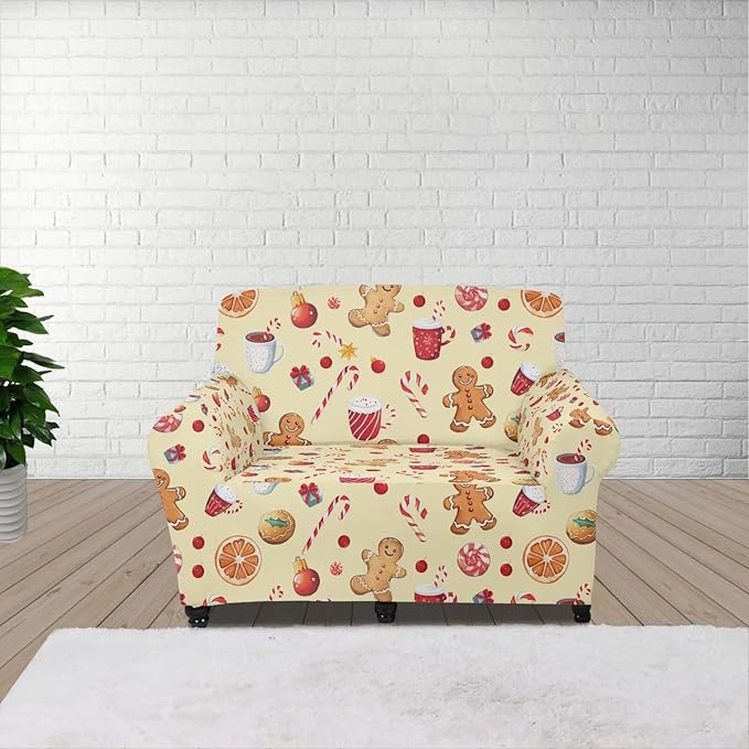 FKELYI Cute Christmas Sofa Couch Cover with Elastic Bottom Stretch Furniture Protector for Indoor Easy Going Stretch Sofa Slipcovers S