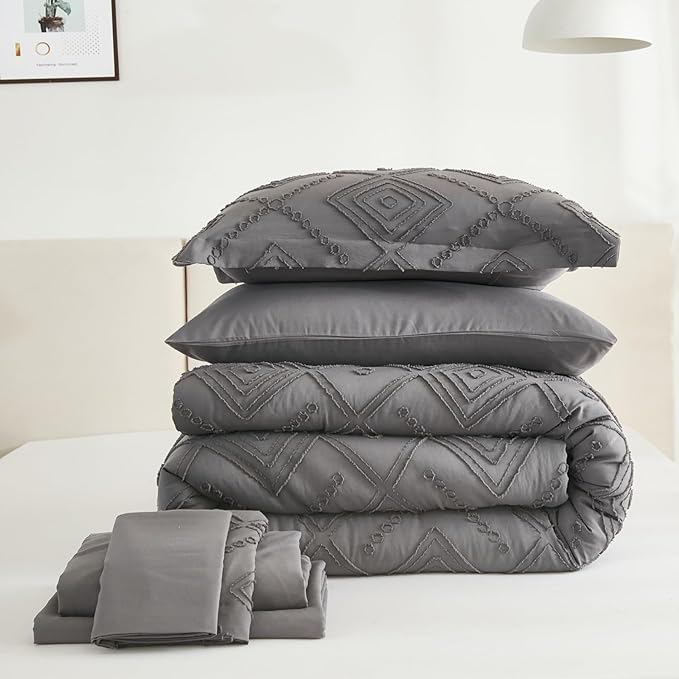 EMME Twin Comforter Set - 5 Pcs Dark Grey Boho Bedding Sets, Twin Size Tufted Comforter with Sheets, Shabby Chic Embroidery Bed Set Fluffy Bed Bag for All Season(68"X90")