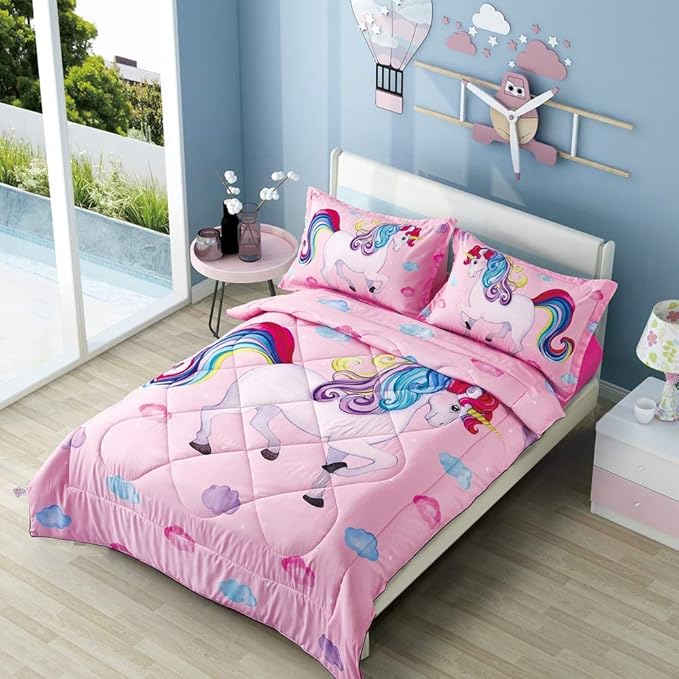 Wowelife Unicorn Comforter Set Queen 5 Pieces Unicorn Bedding Set Pink Rainbow Kids Bedding Set Bed in a Bag for Boys and Girls with Comforter, Flat Sheet, Fitted Sheet and 2 Pillowcases