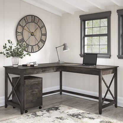 Bush Furniture Key West 60W L Shaped Desk with 2 Drawer Mobile File Cabinet in Dark Gray Hickory