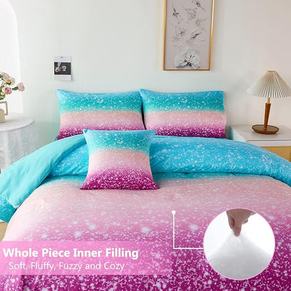 PERFEMET 6 Piece Full Size Comforter Sets for Teens Girls, Tie Dye Rainbow Ombre Bed in A Bag, Gradient Glitter Sparkle Bedroom Decor Bedding Set (Blue Teal Purple, Full)