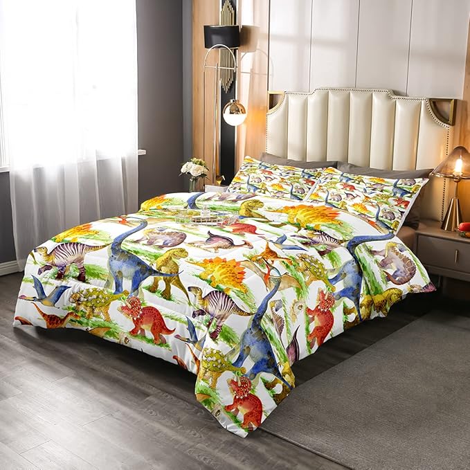 Erosebridal Dinosaur Comforter Set Kawaii Dino Bedding Set for Kids Girls Boys Teens Bedroom Decor, Retro Animal Duvet Insert Watercolor Wildlife Soft Microfiber Quilt with 2 Pillow Cases, Queen
