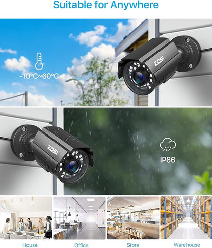ZOSI 4 Pack 1080P 1920TVL Home Security Cameras Outdoor Indoor, Night Vision, IP66 Weatherproof 2MP Surveillance Camera, Work For 720P/1080P/5MP/4K HD-TVI,AHD,CVI analog CCTV DVR System (Black)