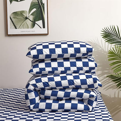 Wellboo Blue and White Comforter Sets King Women Men Diamond Royal Blue Checkerboard Grid Bedding Comforters Cotton Modern Jewelry Blue Checkered Geometric Quilts Luxury Sapphire Buffalo Plaid Bed
