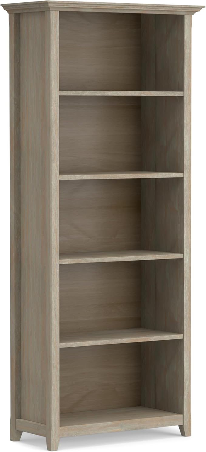 SIMPLIHOME Amherst SOLID WOOD 30 Inch Transitional 5 Shelf Bookcase in Distressed Grey, For the Living Room, Study Room and Office