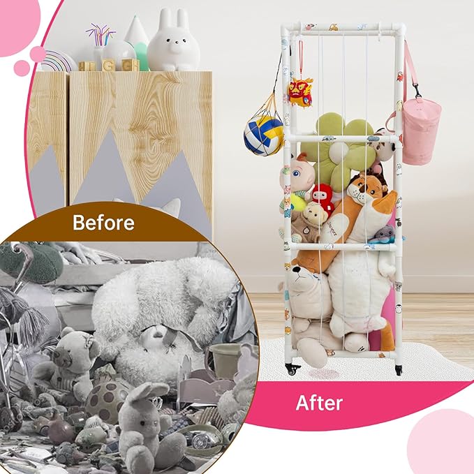 X-Large Plush Stuffed Animal Zoo Cage with Wheels, 67.7'' Stuffed Animal Storage Zoo Holder Standing, Toy Storage Organizer Shelves Basket with Net for Playroom, Bedroom, Nursery
