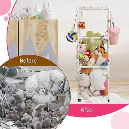 X-Large Plush Stuffed Animal Zoo Cage with Wheels, 67.7'' Stuffed Animal Storage Zoo Holder Standing, Toy Storage Organizer Shelves Basket with Net for Playroom, Bedroom, Nursery