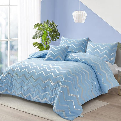 Blue/Silver Comforter Set Queen, Metallic Print Glitter Bedding Set Cute Shinny Bed Sets for Teen Girls Kids Women, 4 Piece (2 Pillowcases, 1 Decorative Pillow Sham)