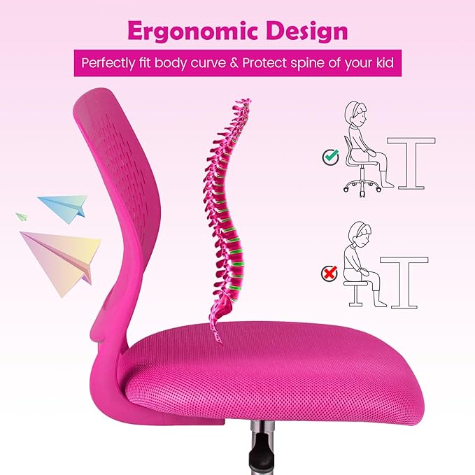 Kids Desk Chair, Blue Ergonomic Kids Office Chair Ages8-12 w/Lumbar Support, Low-Back Teen Desk Chair for Girls Boys, Small Cute Kids Computer Chair for Bedroom/Study/Vanity Desk (Rose Red)