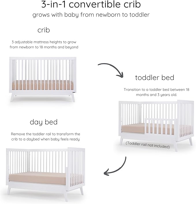 dadada Baby Soho 3-in-1 Convertible Crib to Toddler Bed – Wooden Crib Made in Italy, GREENGUARD Gold Certified Small Baby Crib – Baby-Safe Finish, Modern Design (White)