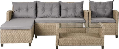 4 Piece Outdoor Patio Furniture Set, Sectional Conversation All-Weather Grey PE Wicker w/Seat Cushions for Backyard Porch Garden Poolside Balcony, Onesize, Oc-Gray